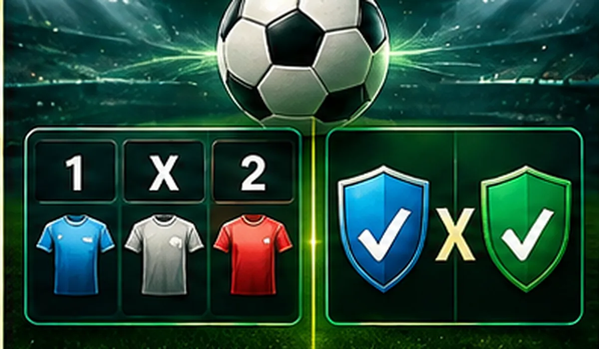 Football pitch showing 1 X 2 match-result options beside double-chance shield icons