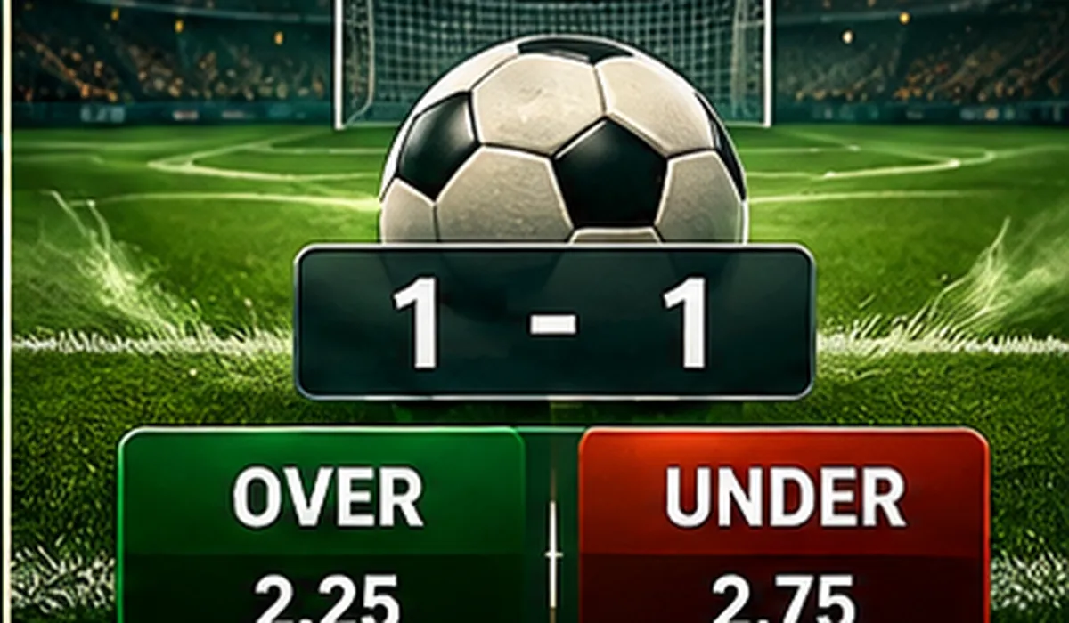 Football stadium with Over 2.25 and Under 2.75 market panels illustrating Asian totals