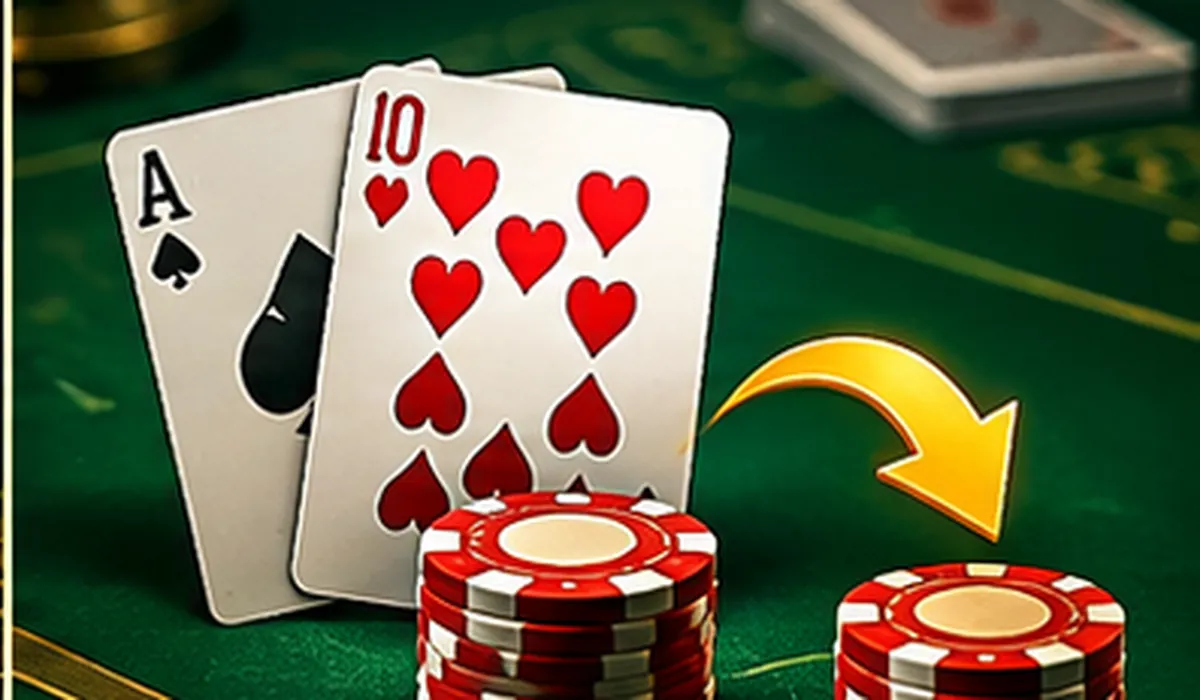 Blackjack table with Ace and ten-value card beside a surrender arrow and chips