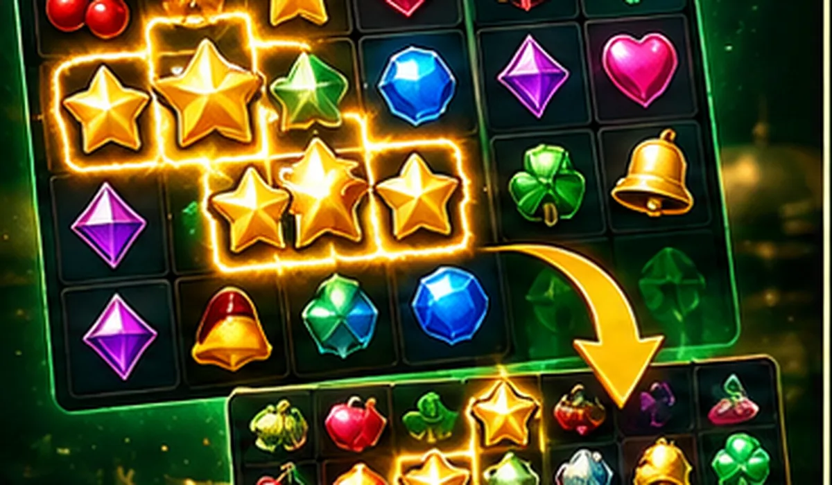 Emerald and gold slot grid showing connected matching symbols for a cluster-pays guide