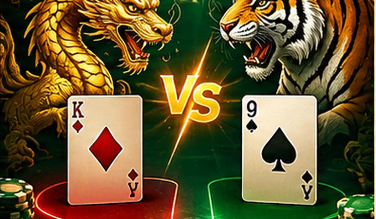 Golden dragon and tiger facing each other above two playing cards on a casino table