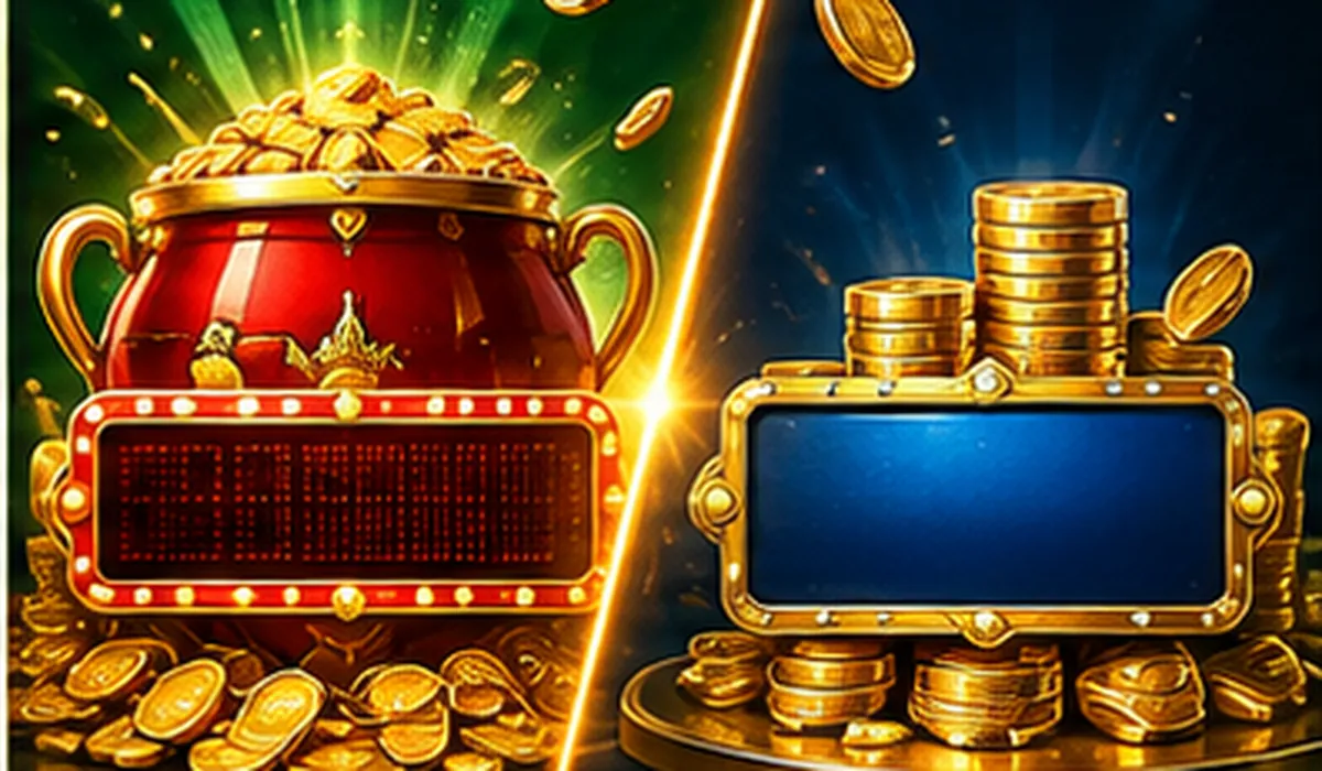 Split emerald and gold jackpot scene comparing a growing prize meter with a fixed prize display