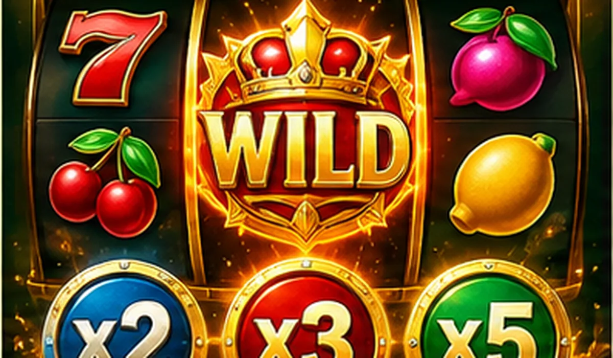 Gold wild symbol on slot reels with x2, x3 and x5 multiplier tokens