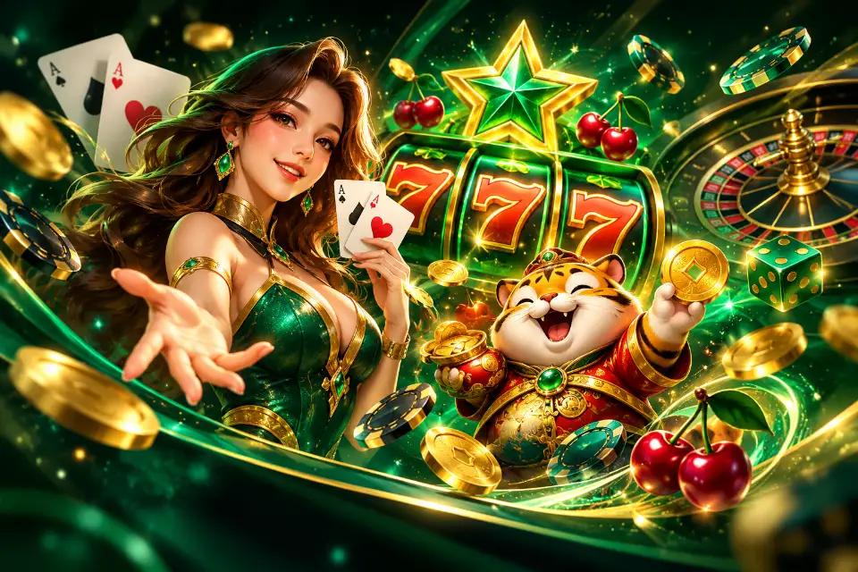 Gaming banner with slot characters and online casino elements