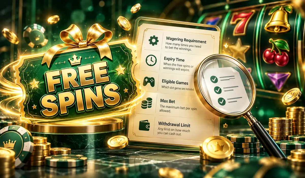 Emerald and gold free spins promotion checklist with wagering expiry eligible games max bet and withdrawal limit