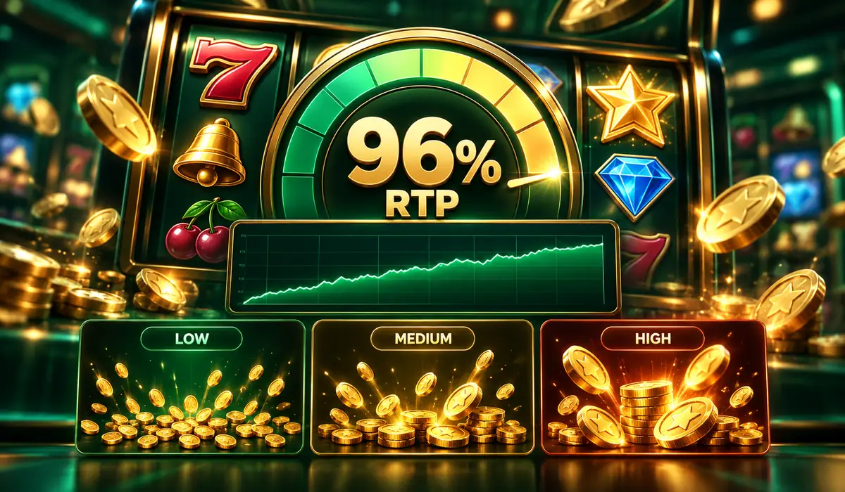 Emerald and gold slot infographic showing a 96 percent RTP gauge and low medium high volatility examples