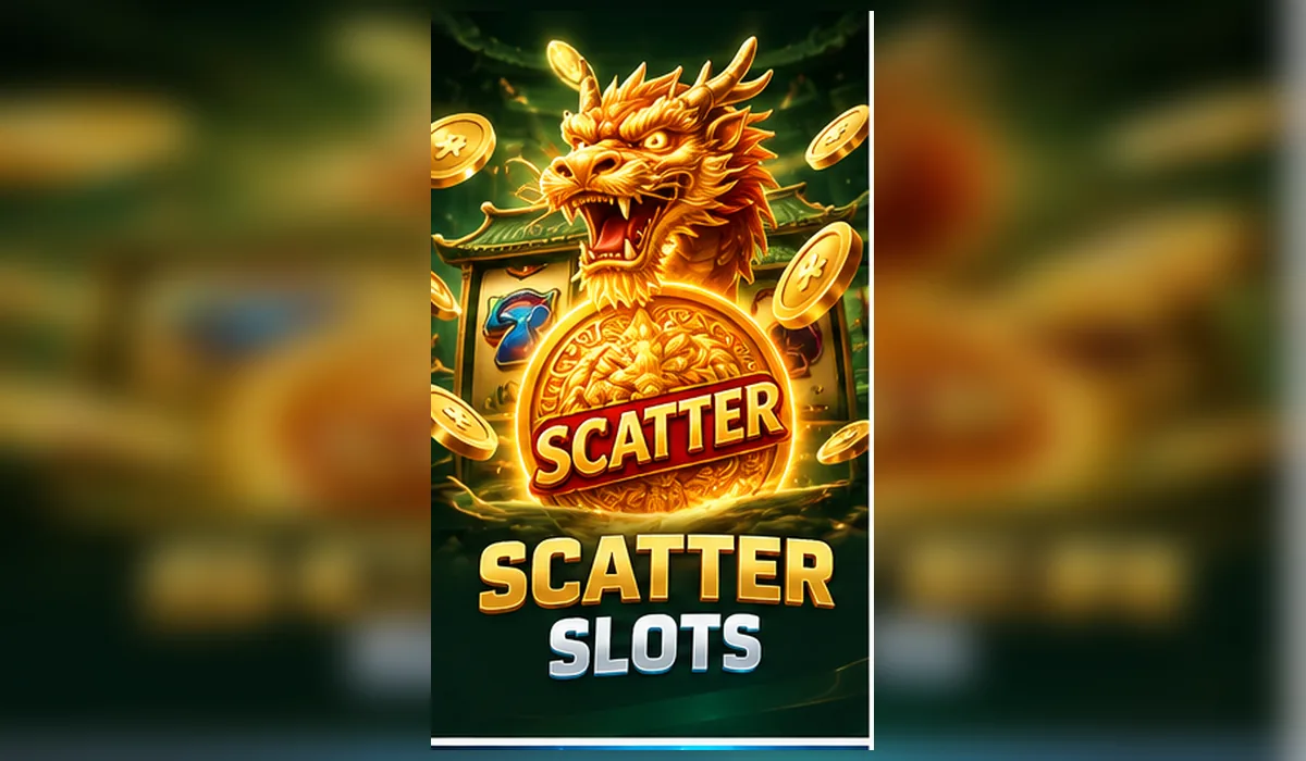Scatter slots banner with a glowing scatter symbol and casino reel elements