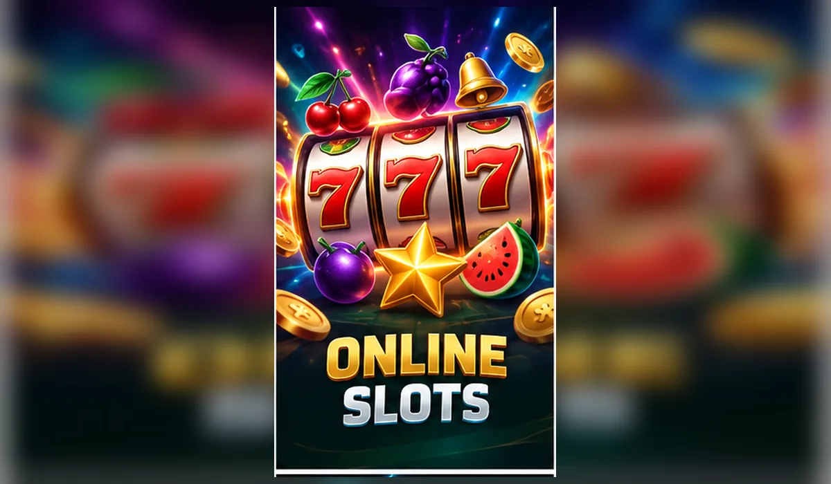 Online slots banner with a glowing 777 reel machine and classic slot symbols