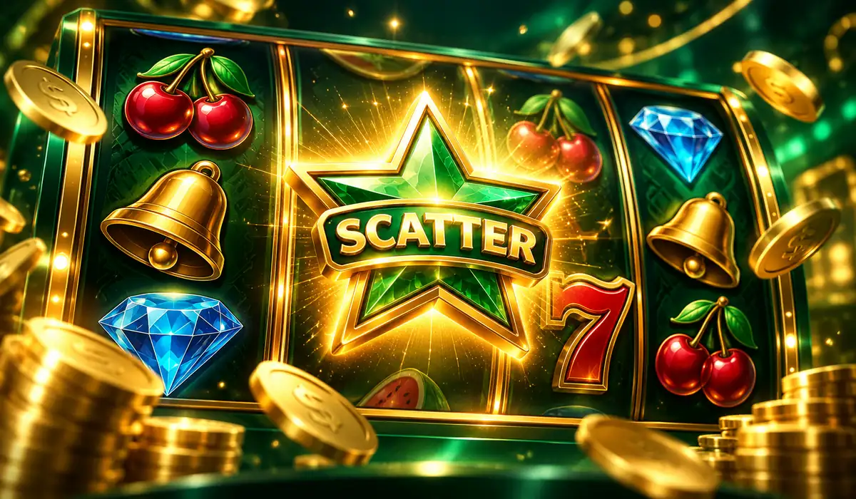 Scatter symbol guide with slot reels, star symbol, cherries, and bonus icons